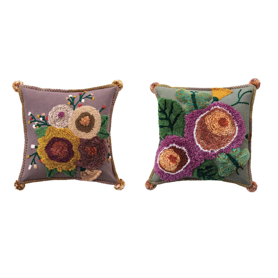 Square Cotton Tufted Floral Pillow