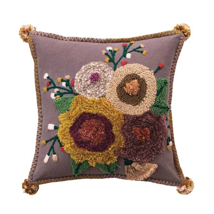 Square Cotton Tufted Floral Pillow