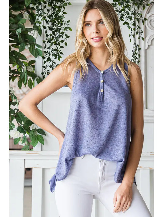 Western Vibe Sleeveless Solid Top with Buttons-Periwinkle
