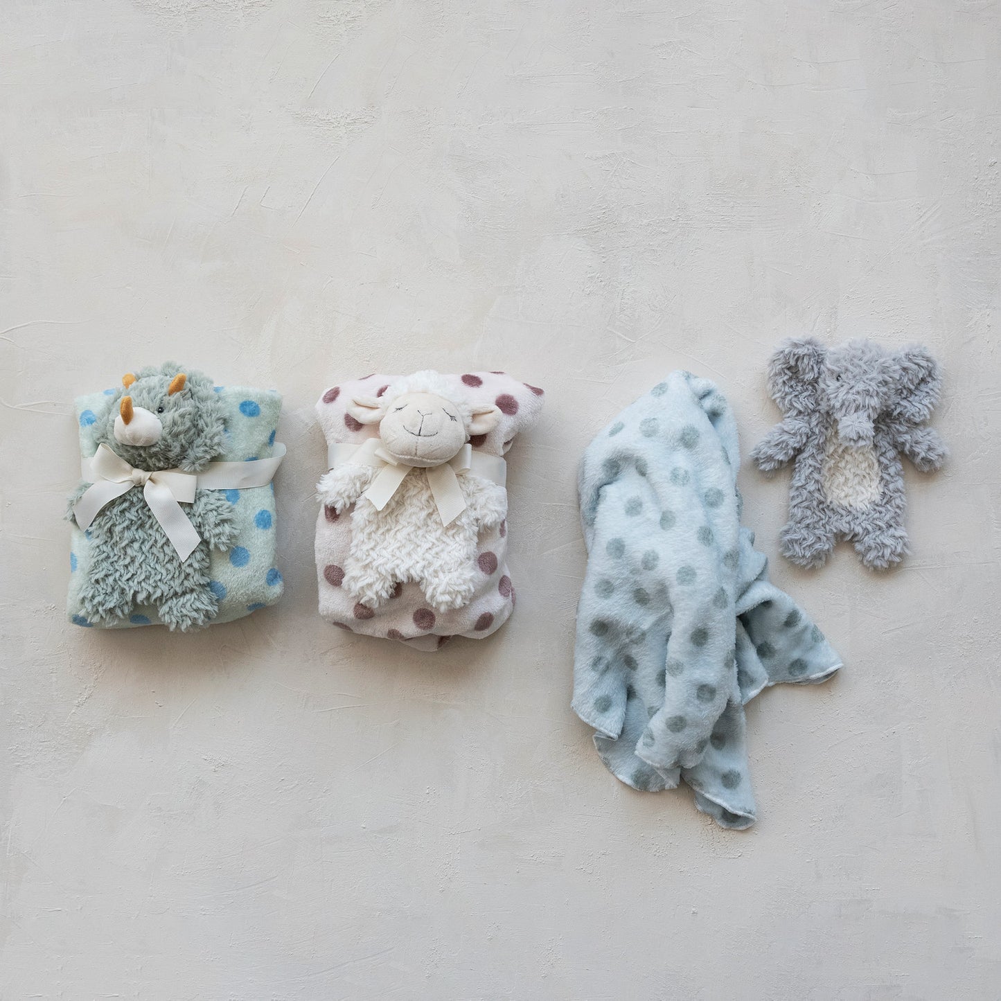Plush Animal with Polka Dot Blanket