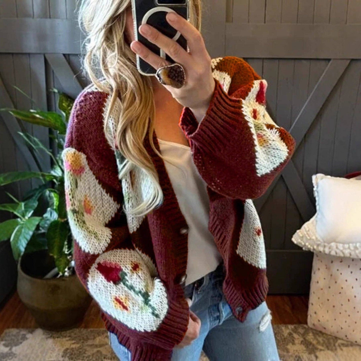 Color Block Floral  Cardigan
