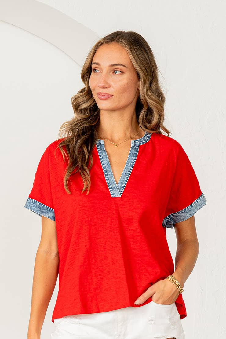 Relaxed Fit Denim Trim Top