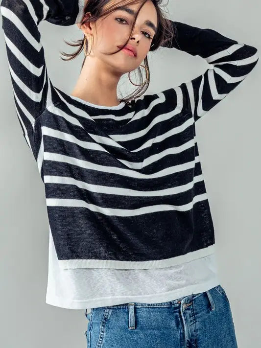 Double Layer Stripe Knit Top | Black & Ivory