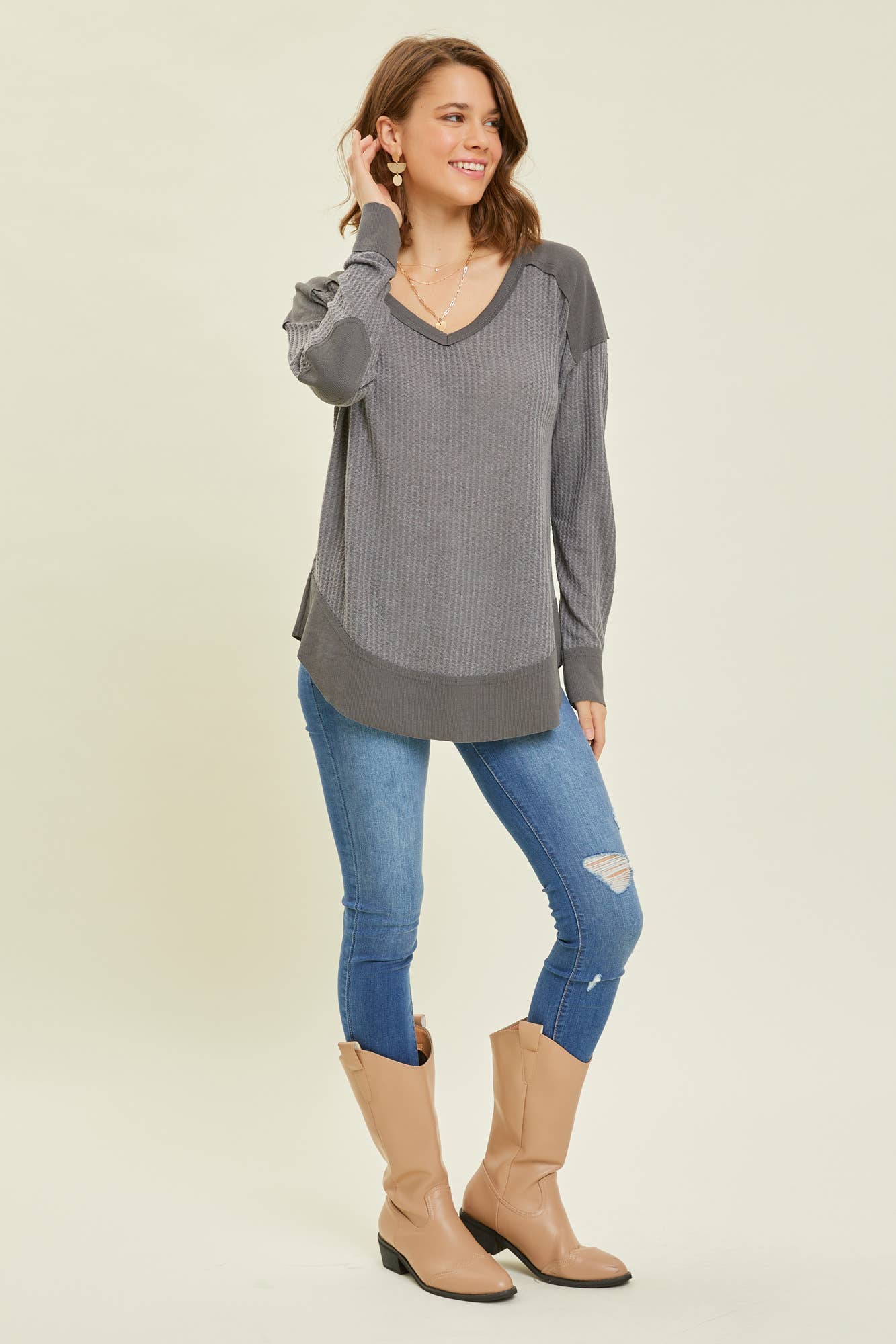 Thermal Layering V-Neck Top | Charcoal