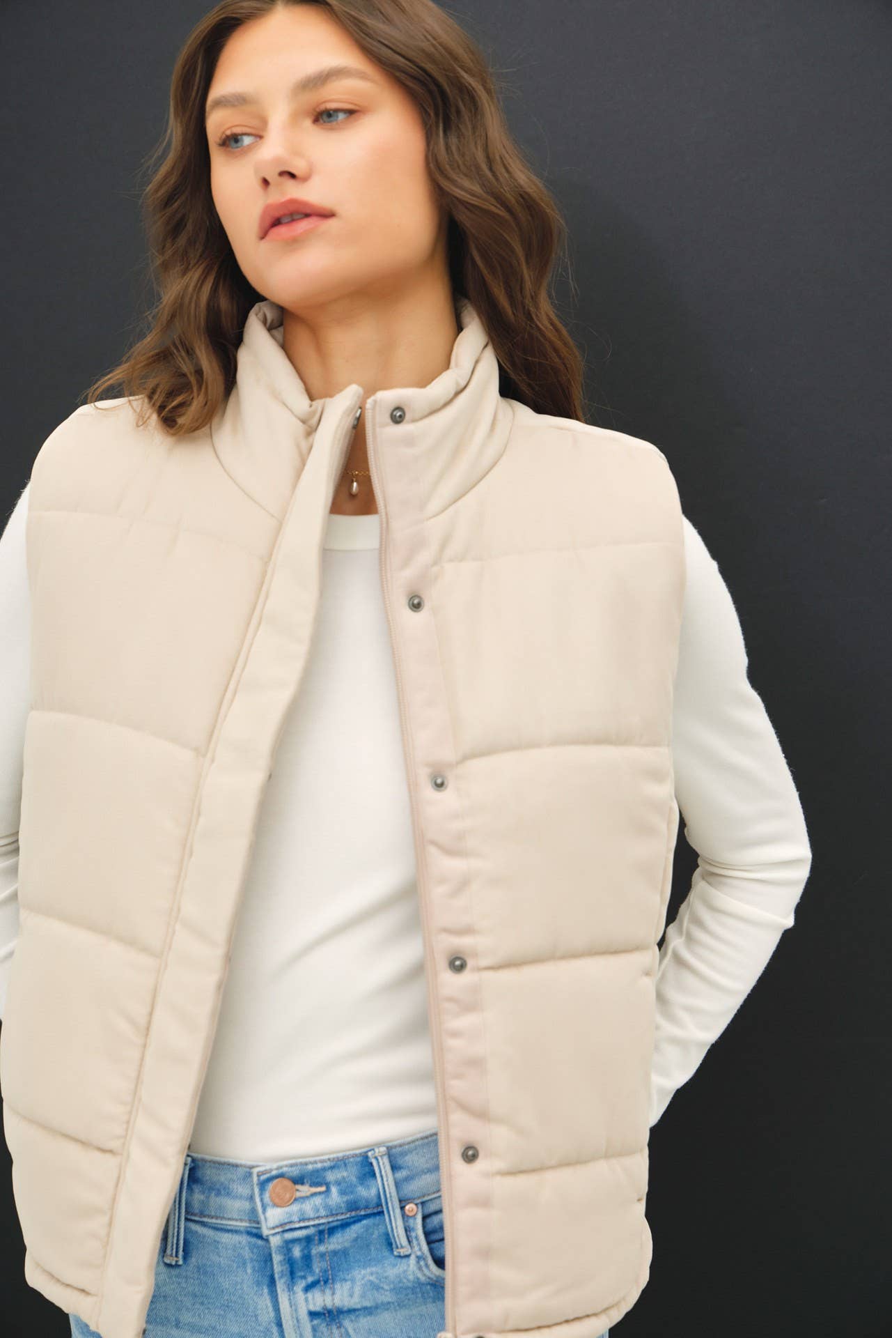 Suede-Like Puffer Vest | Beige