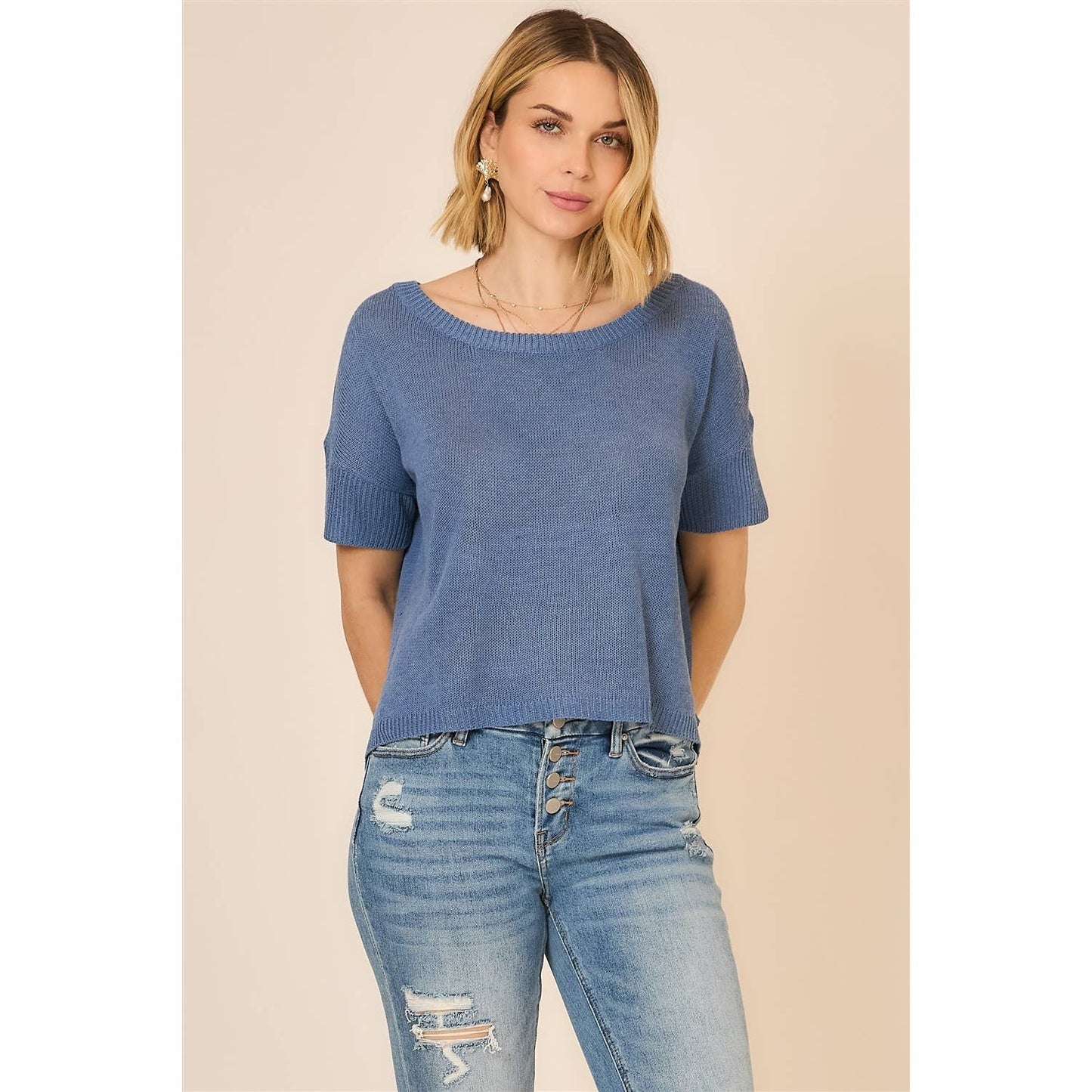 Boatneck Knit Short Sleeve Top