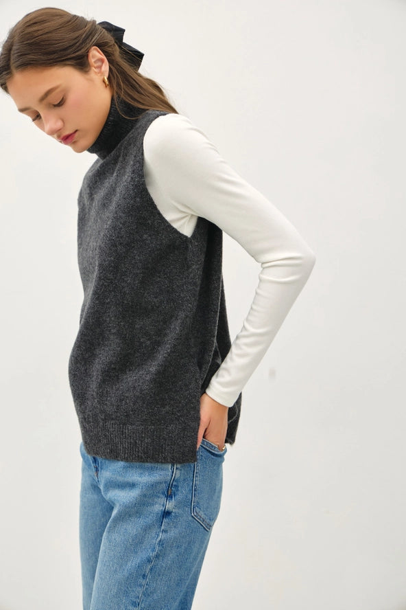 Wool Blend Turtleneck Sweater Vest | Charcoal