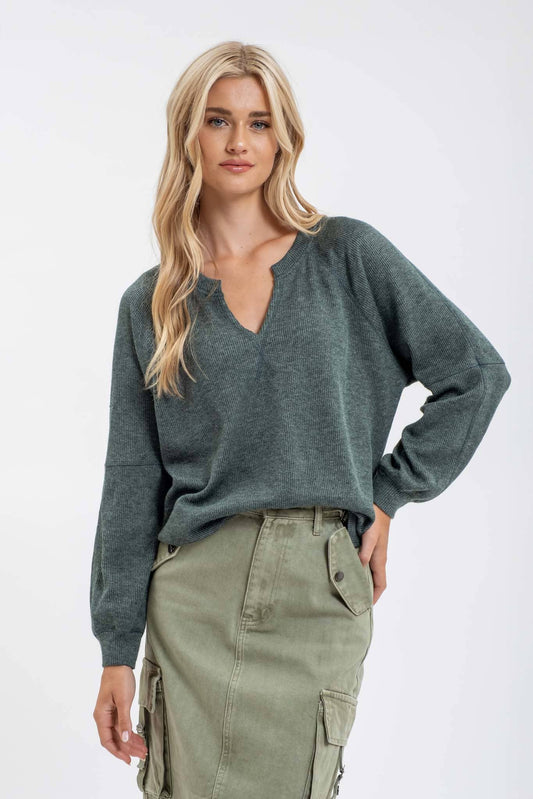Split Neck Raglan Knit Top
