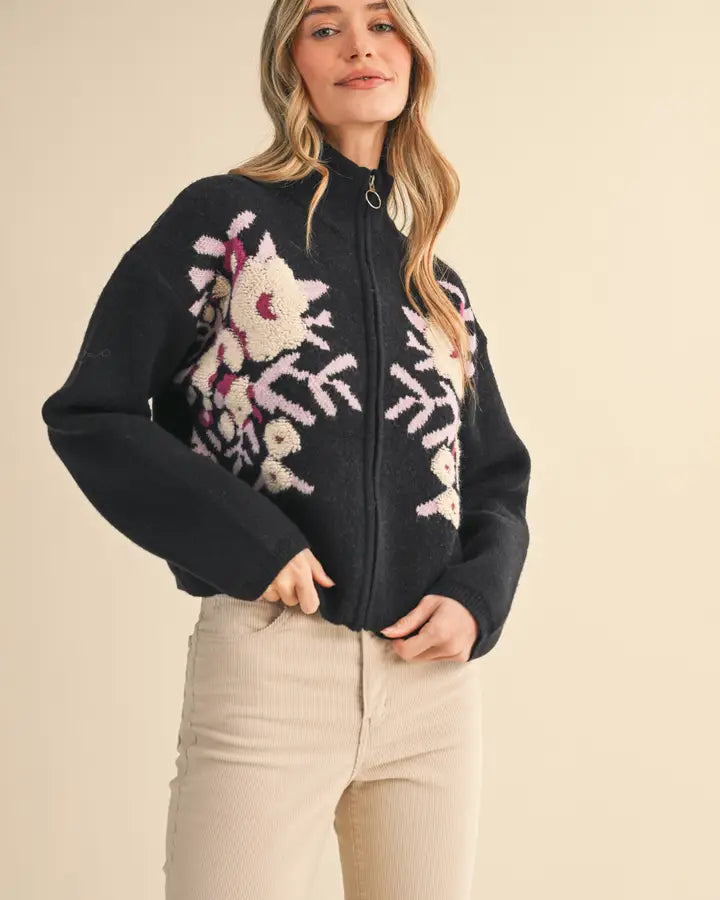 Floral Zip Up Sweater Cardigan