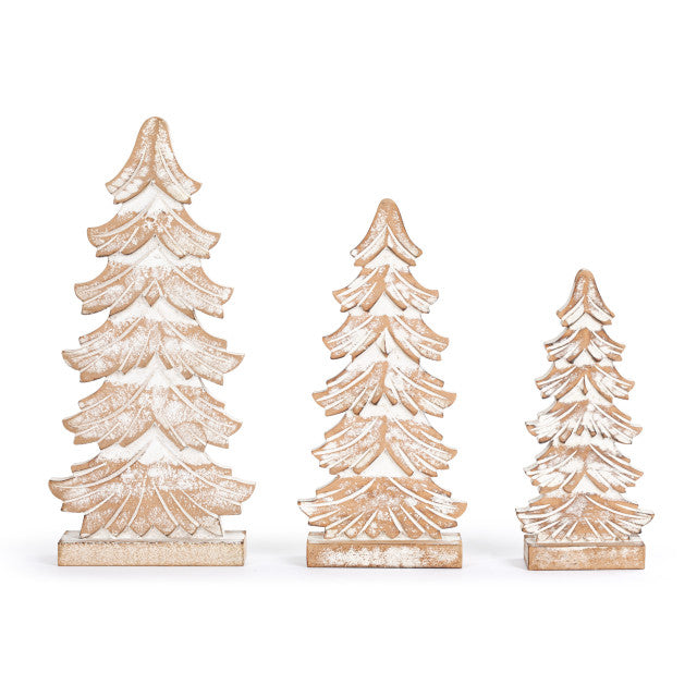 Wood Whitewashed Flocked Trees