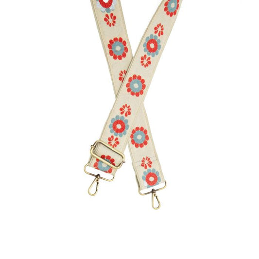 2"" RED+BLUE INVERTED DAISY EMB GUITAR STRAP