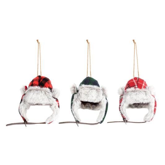 Plaid Furry Hat Ornaments - 3 Assorted