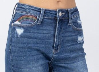High Waist | Crop Straight | Rainbow Embroidery Jeans