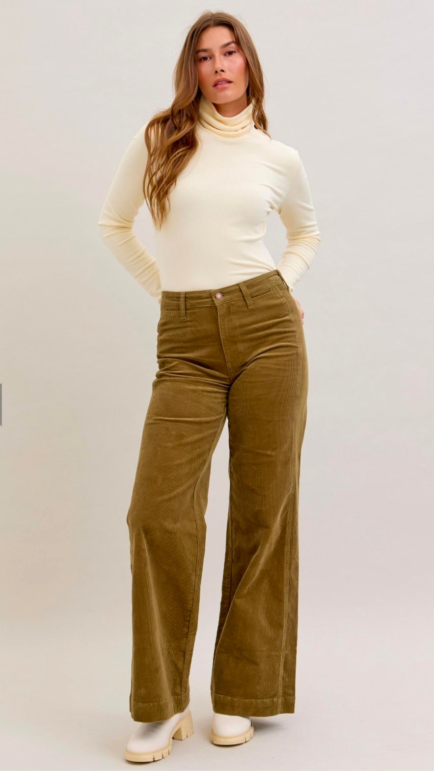 High Waist | Retro Wide Leg | Olive Corduroy
