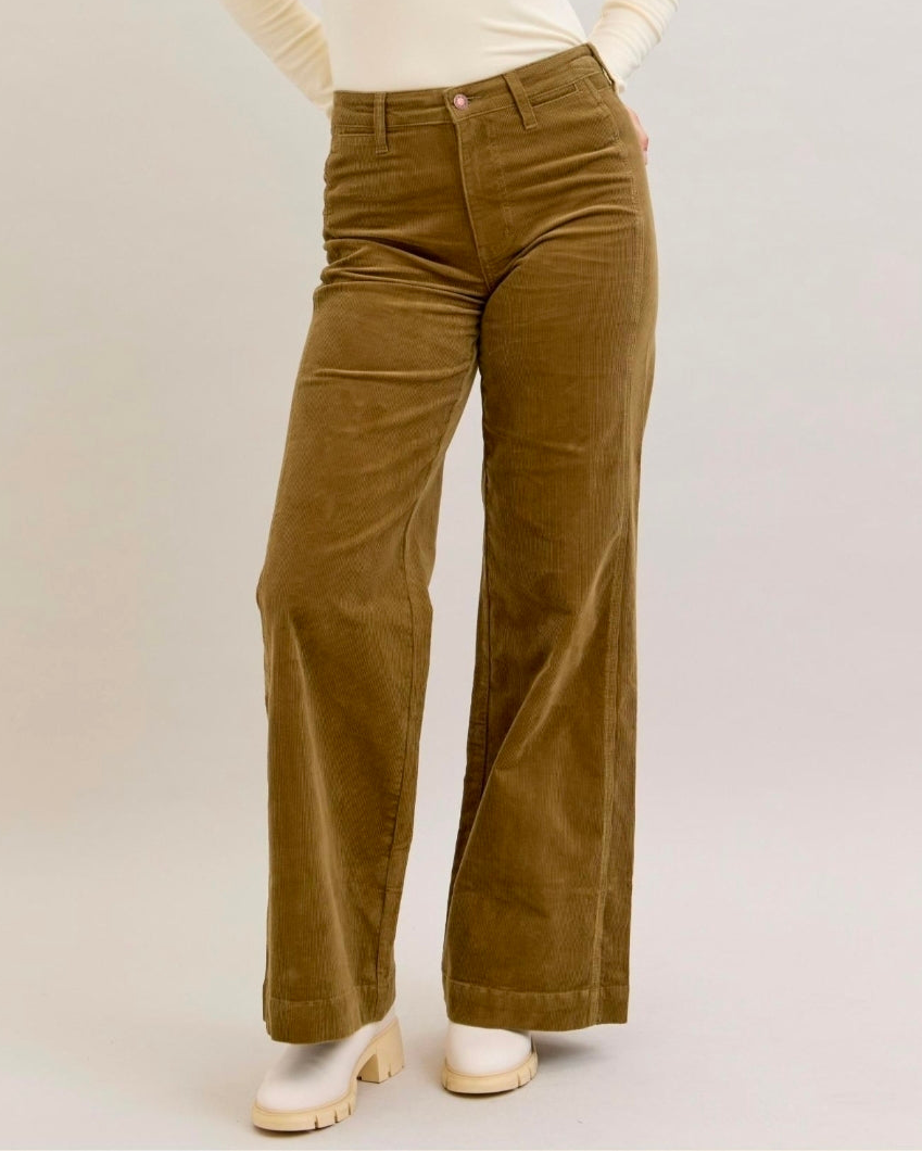 High Waist | Retro Wide Leg | Olive Corduroy
