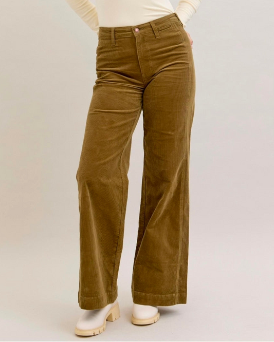 High Waist | Retro Wide Leg | Olive Corduroy