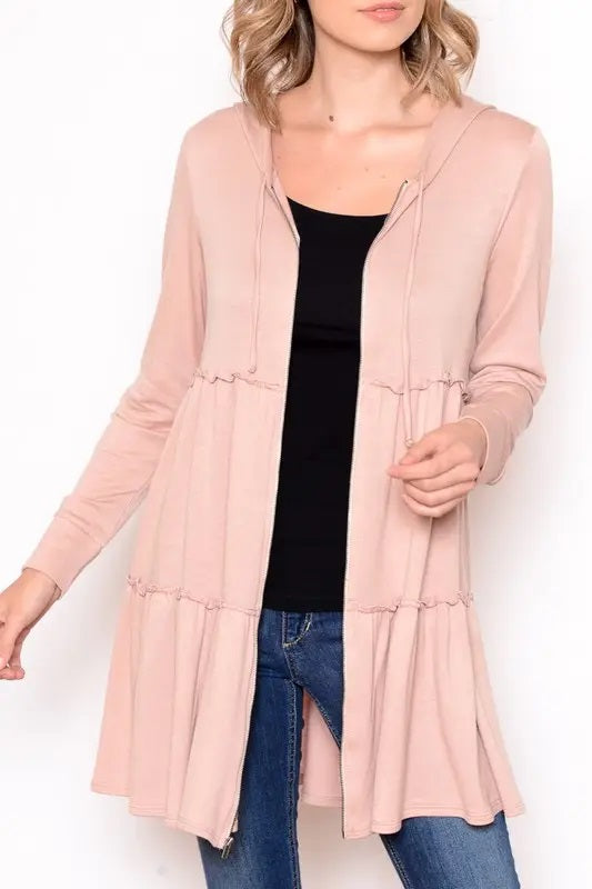 Tiered Hooded Zip Up Sweater Dress | Dusty Pink