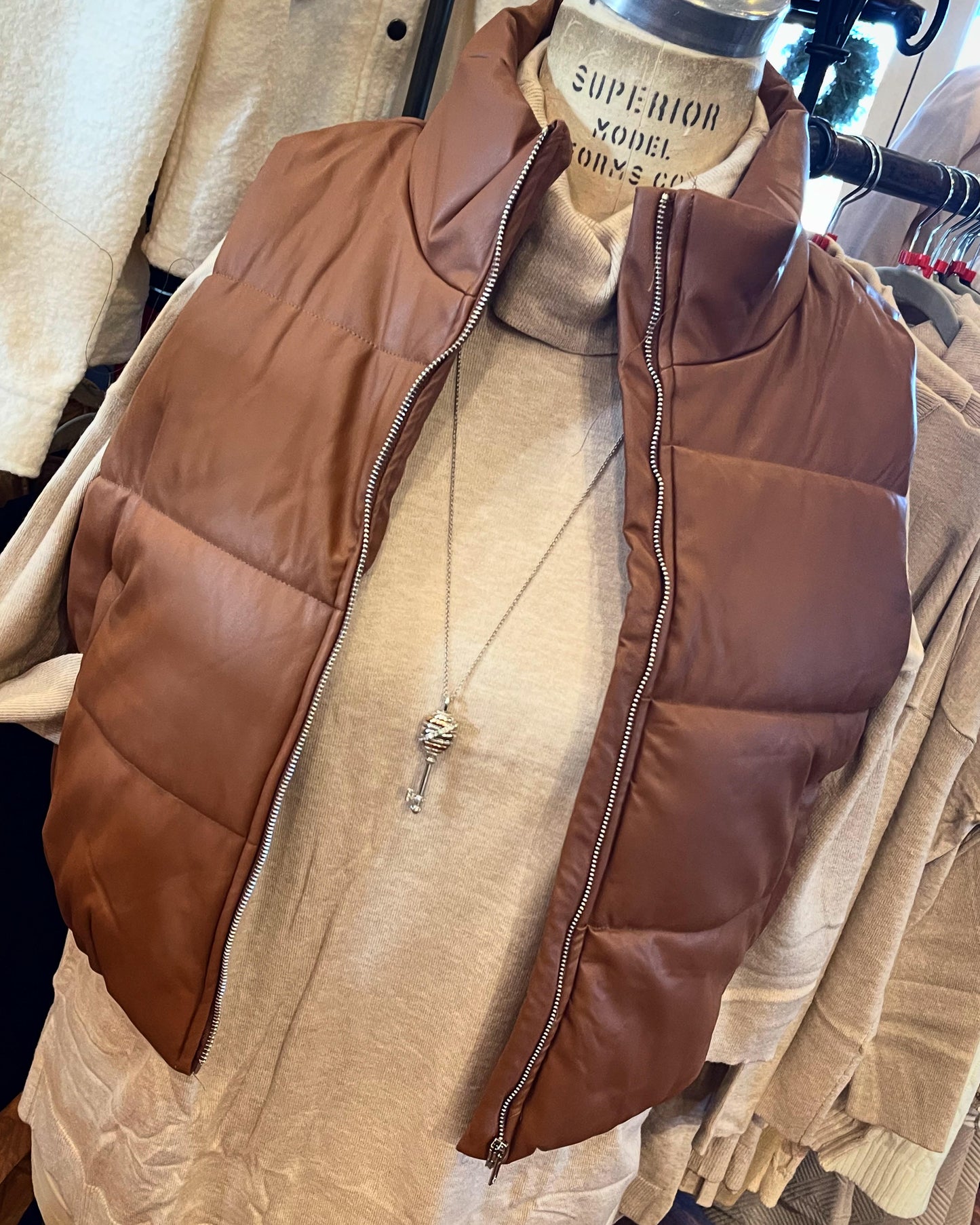 Plus Leather Quilted Puffer Vest | Camel