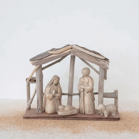 Handmade Driftwood and Paper Mache Nativity