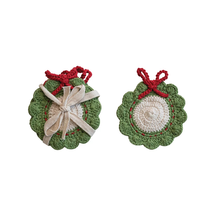 Cotton Crocheted Wreath Shaped Coasters, Green, Red & White