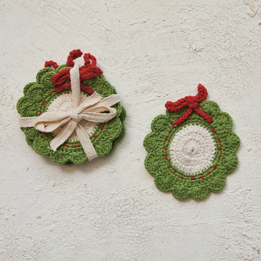 Cotton Crocheted Wreath Shaped Coasters, Green, Red & White