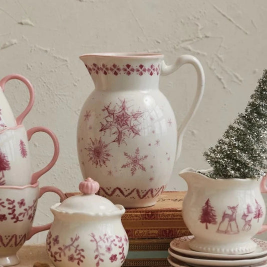 Pink Stoneware Pitcher with Snowflakes