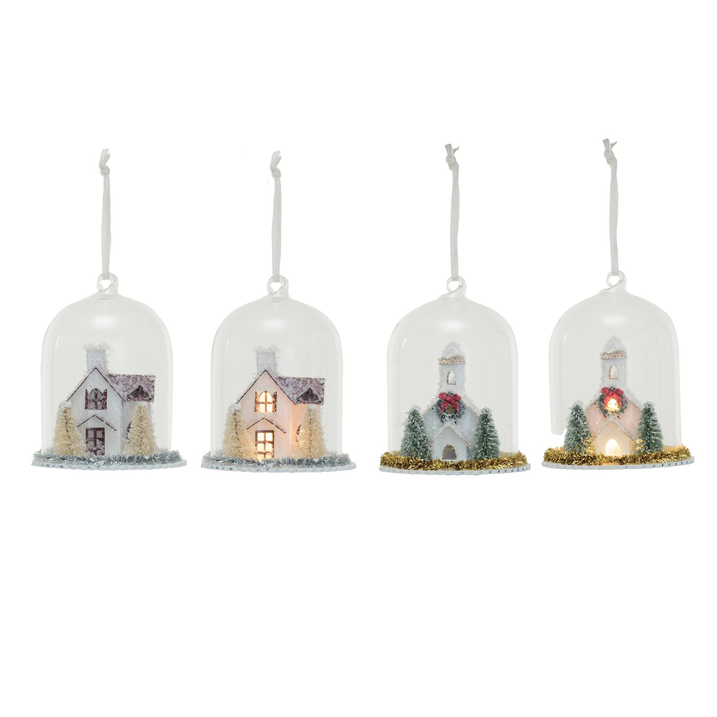 Glass Cloche Ornament with House & LED Light