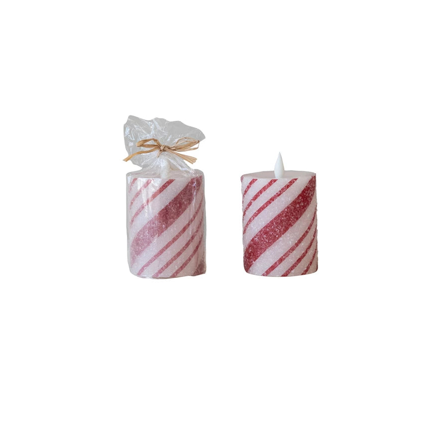 Flameless LED Pillar Candle with Candy Cane Stripes