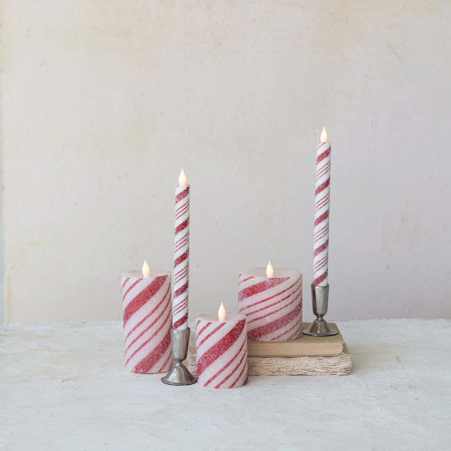 Flameless LED Pillar Candle with Candy Cane Stripes