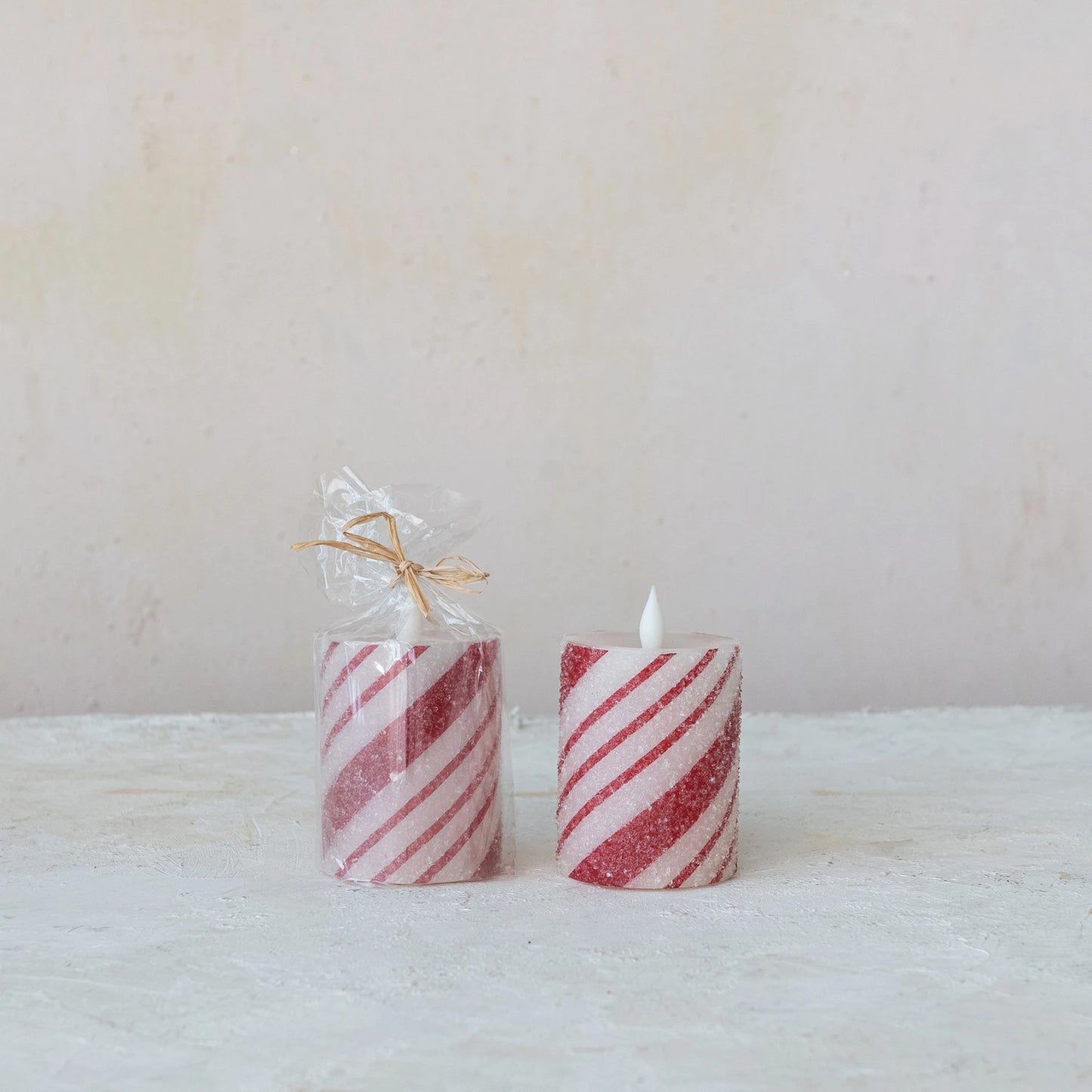 Flameless LED Pillar Candle with Candy Cane Stripes