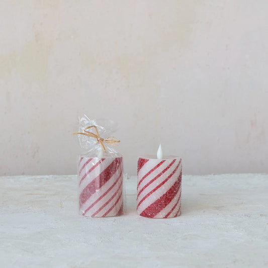 Flameless LED Pillar Candle with Candy Cane Stripes