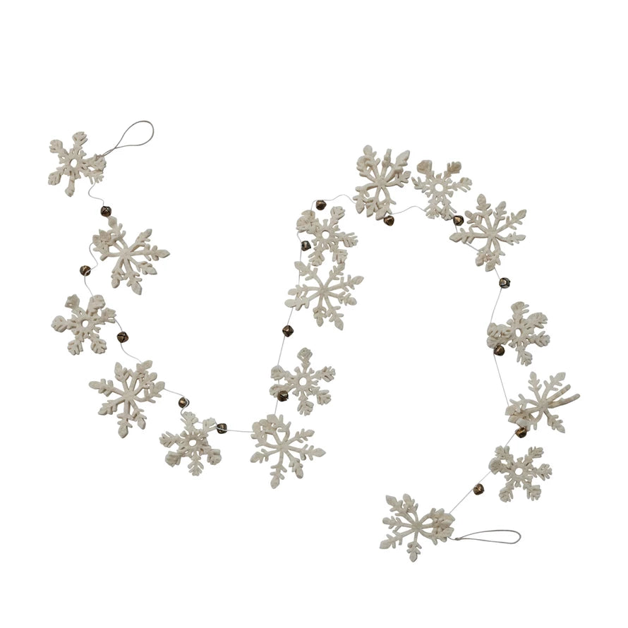 Handmade Wool Felt Snowflake Garland with Gold Finish Metal Bells
