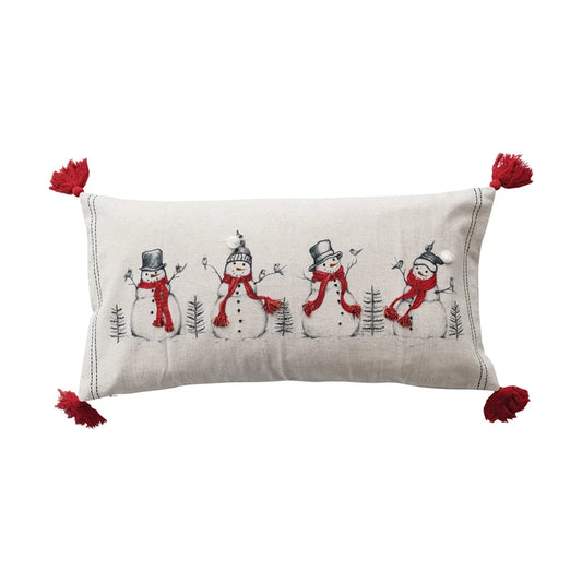 Lumbar Pillow with Embroidered Snowmen & Birds Image