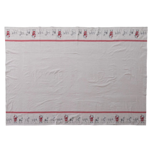 Table Cloth with Santa Leading Reindeer Image & Stripes
