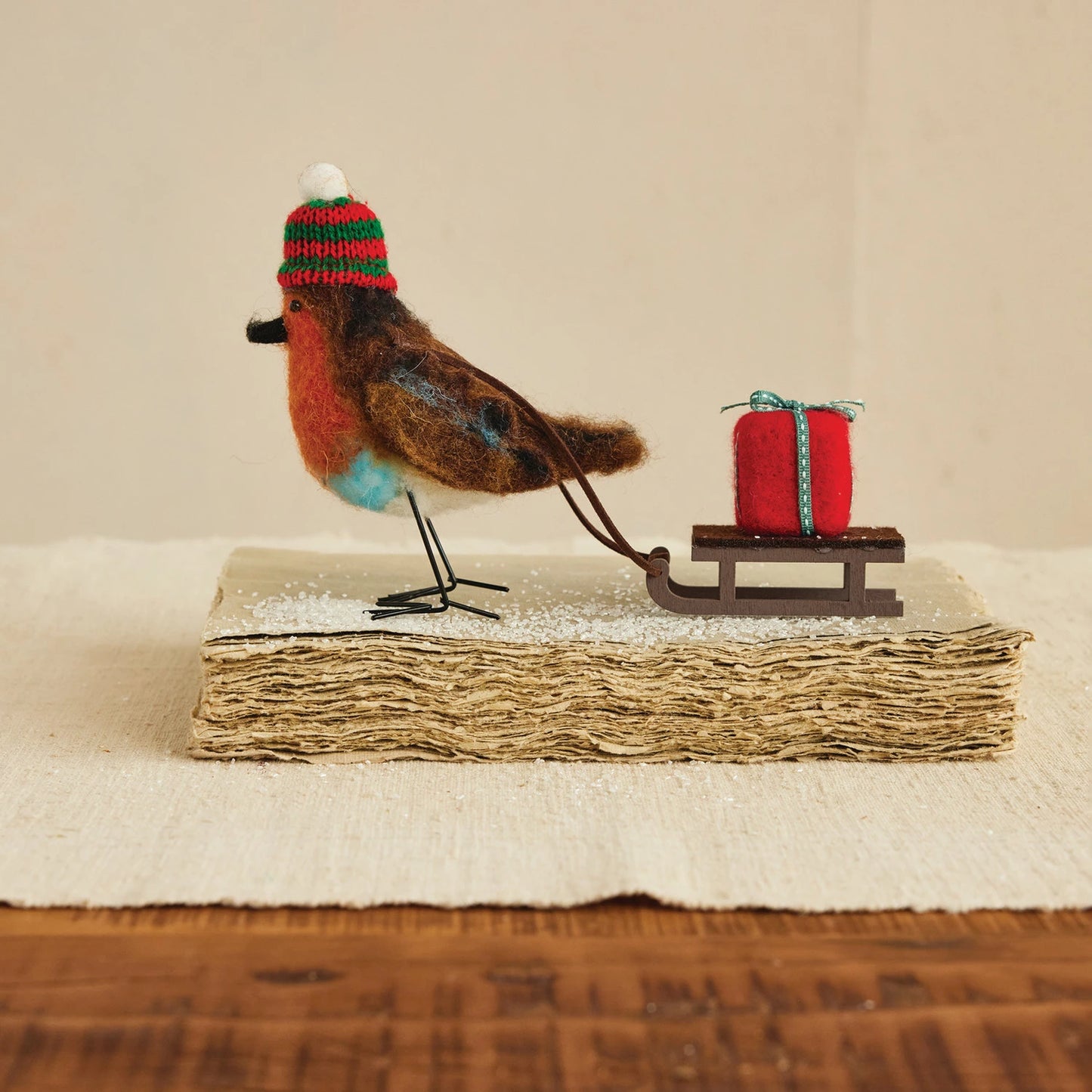 Wool Felt Robin Pulling Sleigh