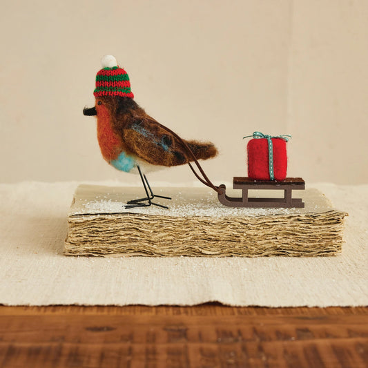 Wool Felt Robin Pulling Sleigh