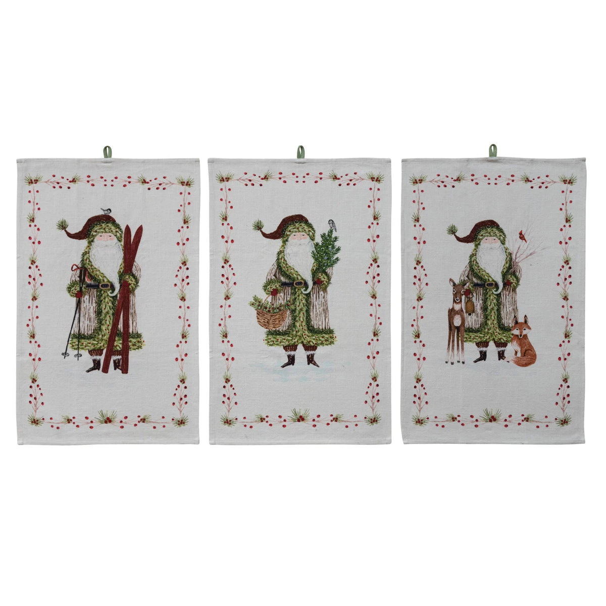 Printed Tea Towel with Santa & Berries Border, 3 Styles ©