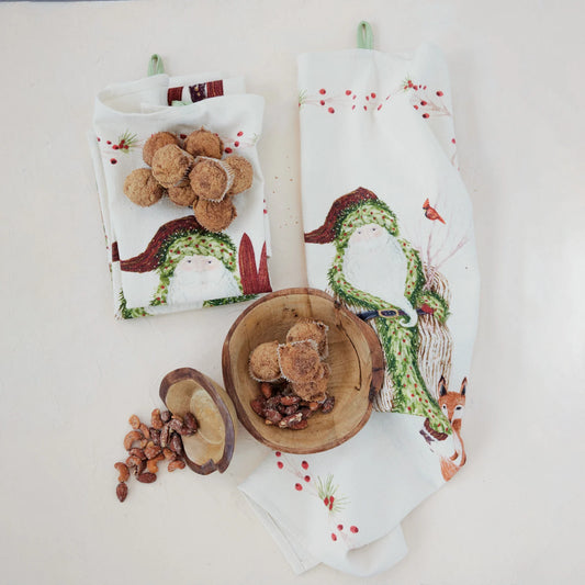 Printed Tea Towel with Santa & Berries Border, 3 Styles ©