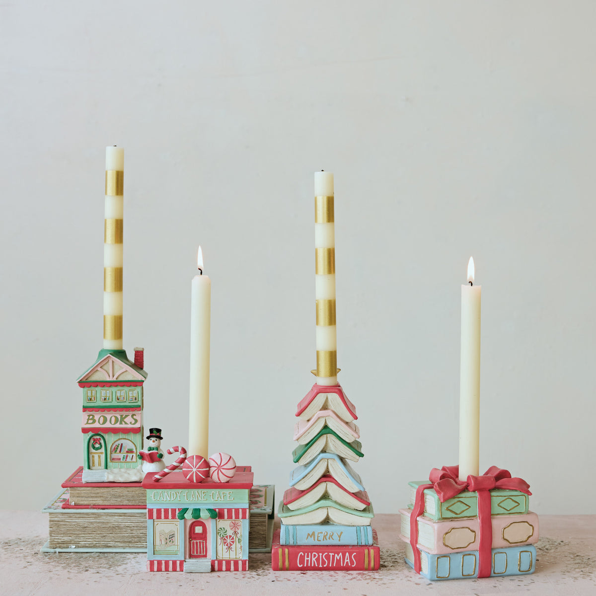 Resin Stacked Books Shaped Taper Holder w/ Bow