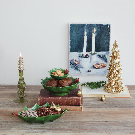 Hand-Painted Holly Leaves Shaped Bowl w/ Berries