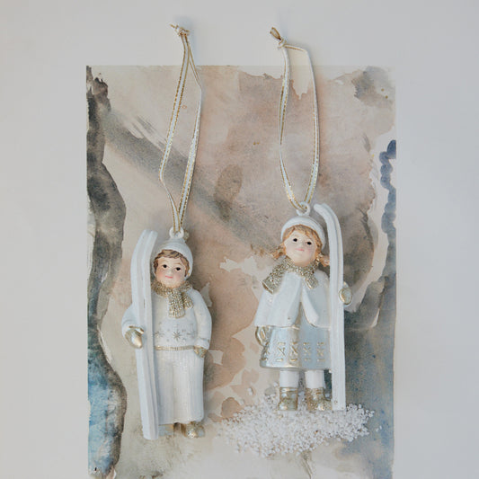 Resin Vintage Reproduction Child with Skis Ornament