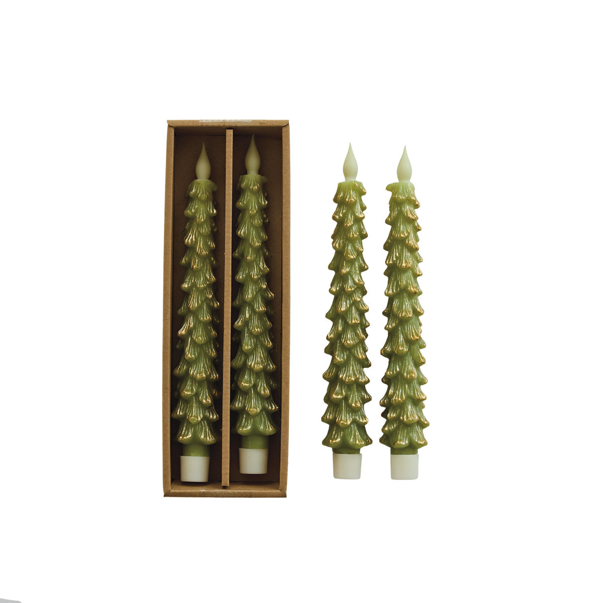 Flameless LED Tree Shaped Taper Candles with 6 Hour Timer & Gold Tips