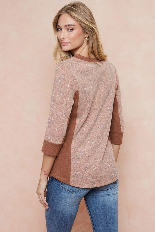 Rustic Brown Floral Henley Knit Top