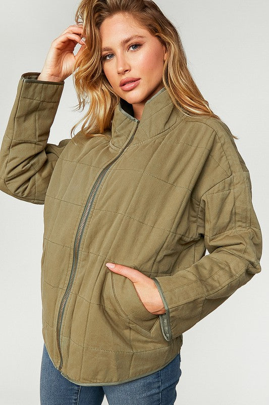 Olive Washed Quilted Funnel Zip Front Jacket