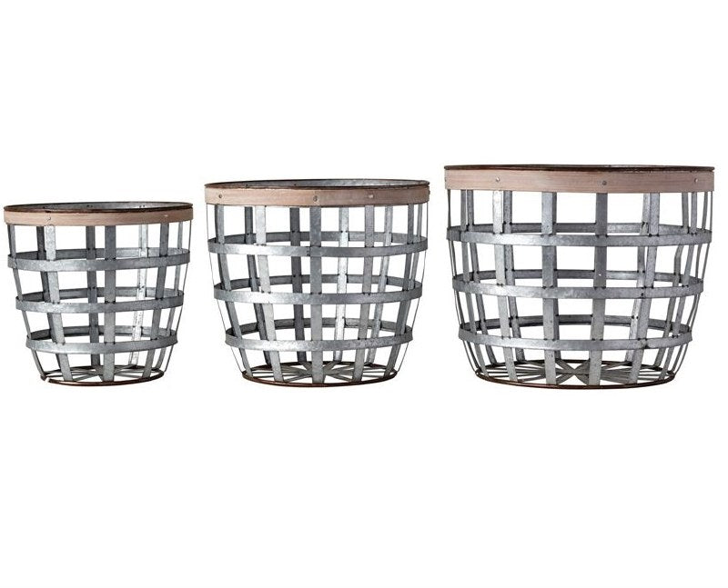 Metal Basket w/ Wood Strip Med