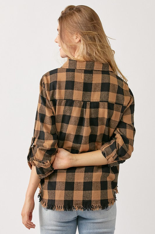 PLUS EXLUSIVE Frayed Hem Plaid Shirt