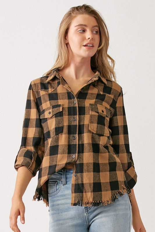 PLUS EXLUSIVE Frayed Hem Plaid Shirt