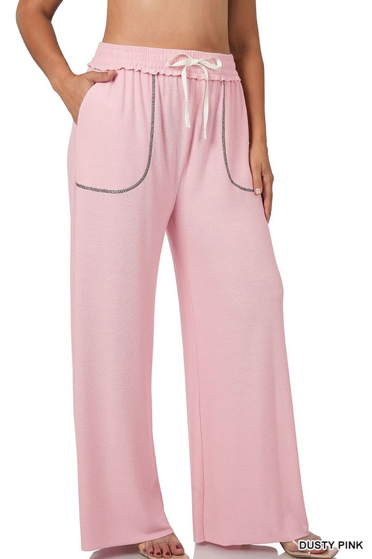 Drawstring Waist French Terry Lounge Pants: Dusty Pink