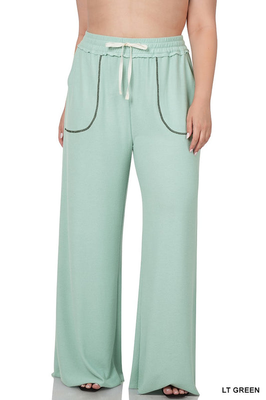 Drawstring Waist French Terry Lounge Pants: Light Sage